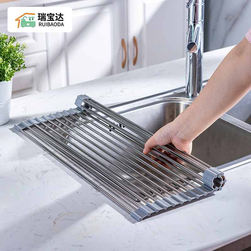Silicone Drying Rack Kitchen Household Dish Rack Stainless Steel Folding Storage Rack Roller Shutter Sink Wall Hanging Dish Rack
