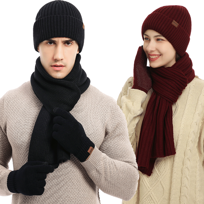 Factory autumn and winter New European and American knitted hat set Amazon men and women winter solid color scarf hat three-piece set