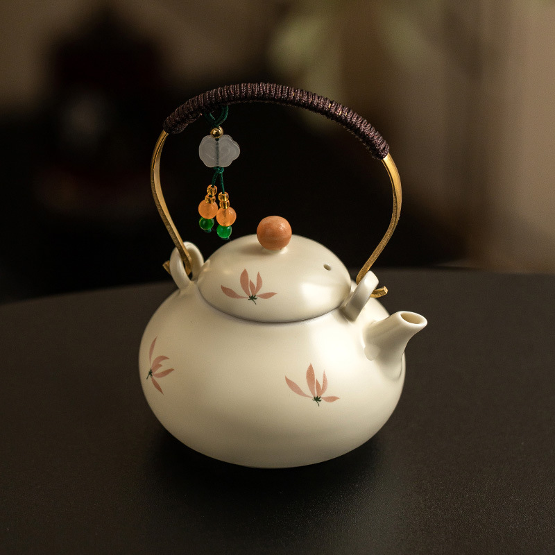 Rice Yellow Glazed Orchid Tying Rope Lifting Pot Large Capacity Teapot Single Pot Chinese Ceramic Tea Set Household Tea Boiling Teapot