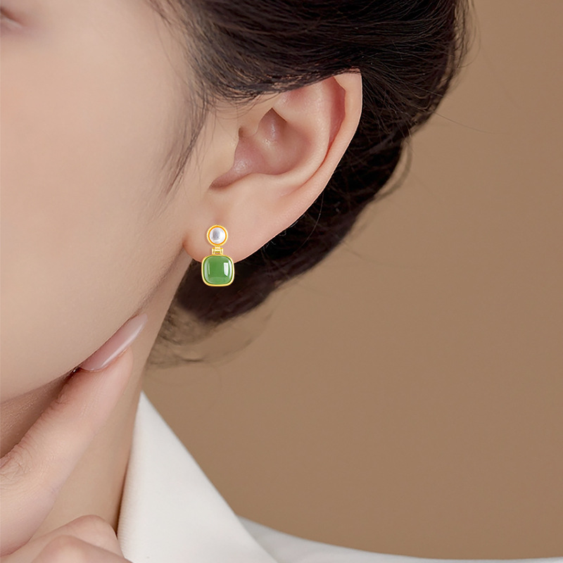 Spinach Green Natural Old Material Hetian Jade Jasper Square Pearl Earrings Women's genuine goods S925 Silver Jade Earrings
