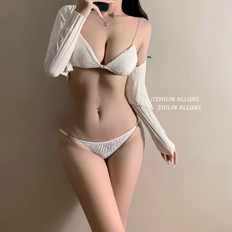 Сексуальный бюстгальтер с треугольными чашками из золотого бархата, низкие трусы, осенне-зимний комплект