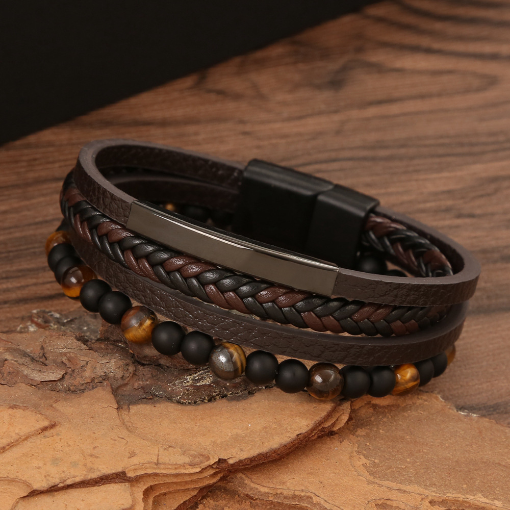 Cross-Border Simple Leather Bracelet for Men Hand-Woven Electroplated Stainless Steel Natural Stone Bracelet Jewelry for Women Manufacturer Wholesale