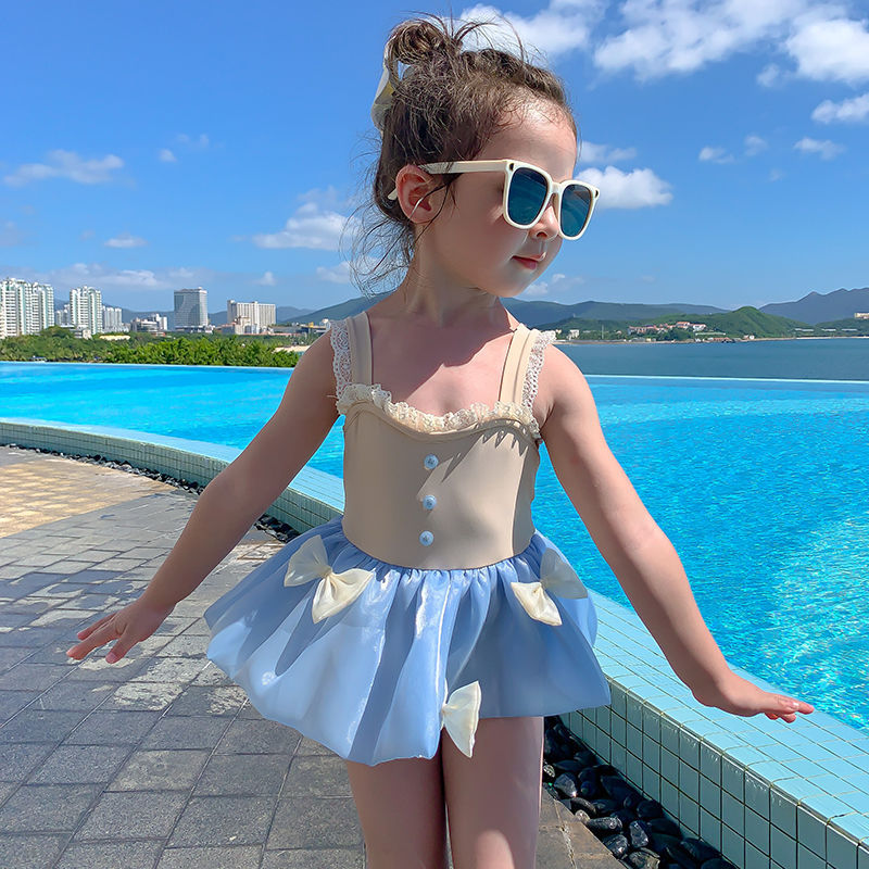 Girls' 2025 New Summer One-Piece Swimsuit, Cute and Stylish, Baby Girl, Small and Medium-Sized Lace Princess Style Swimsuit, Trendy