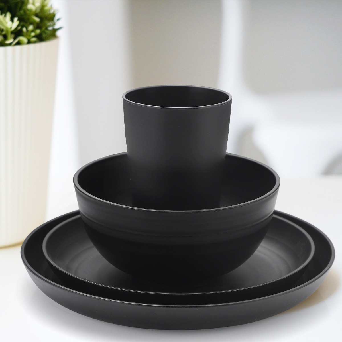 Cross-Border Wheat Straw Bowl and Plate Set, Household Dinner Plate, Soup Bowl, Water Cup, Black Tableware, 16-Piece Set, High-End Tableware