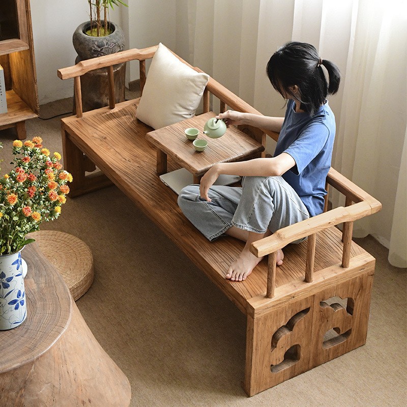 Old Elm Luohan Bed Chinese Classical Sofa Chair Solid Wood Living Room Leisure Sofa Bed Antique Homestay Bed Recliner