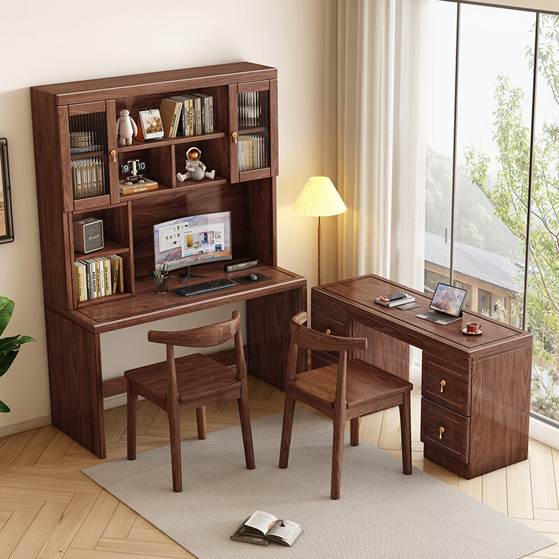 New Chinese Style Black Walnut Solid Wood Corner Desk Integrated Bookshelf Bookcase Desktop Computer Desk Desk Study Table