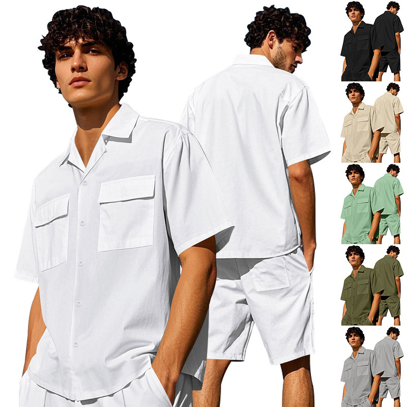 Мужской летний костюм Independent Station, иностранная торговля, кросс-бордерный, однотонная дышащая рубашка и шорты, двухпредметный модный комплект