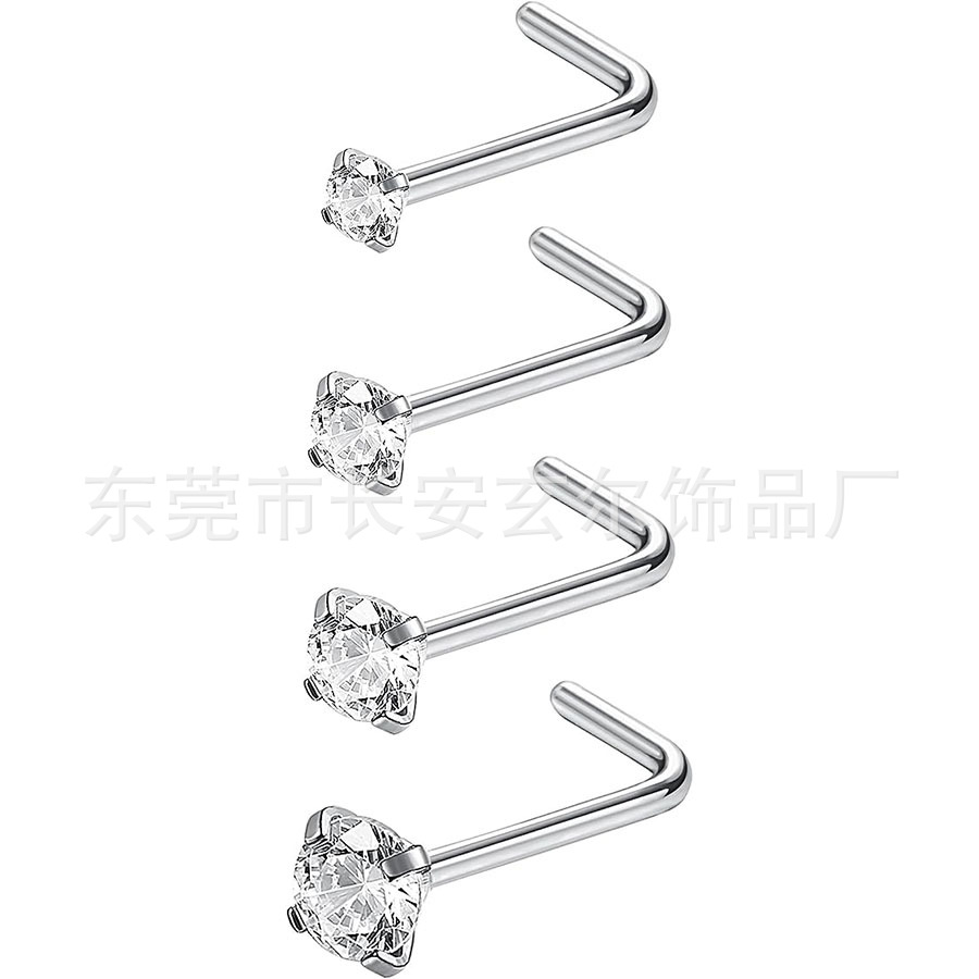 Stainless Steel 7-Shaped 5-Shaped Straight Nose Nail Inlaid with Zircon Cross-Border Popular L-Rod Curved Rod Straight Nose Ring Body Piercing Factory