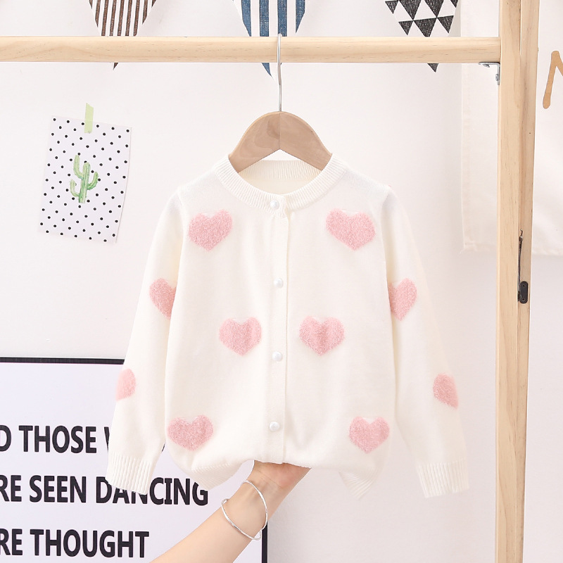 Manufacturer Wholesale Children's Clothing Girls' Woolen Cardigan 25 Spring & Fall New Baby Mink Heart Jacquard Core-Spun Yarn Sweater