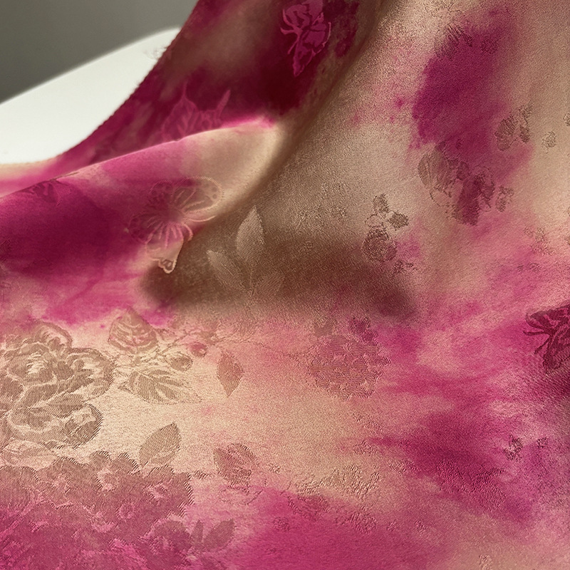 Butterfly Peony Tie-Dye Fragrant Cloud Yarn Fabric National Style Cheongsam Dress Clothing Fabric Pink Mulberry Jacquard Cloth Head