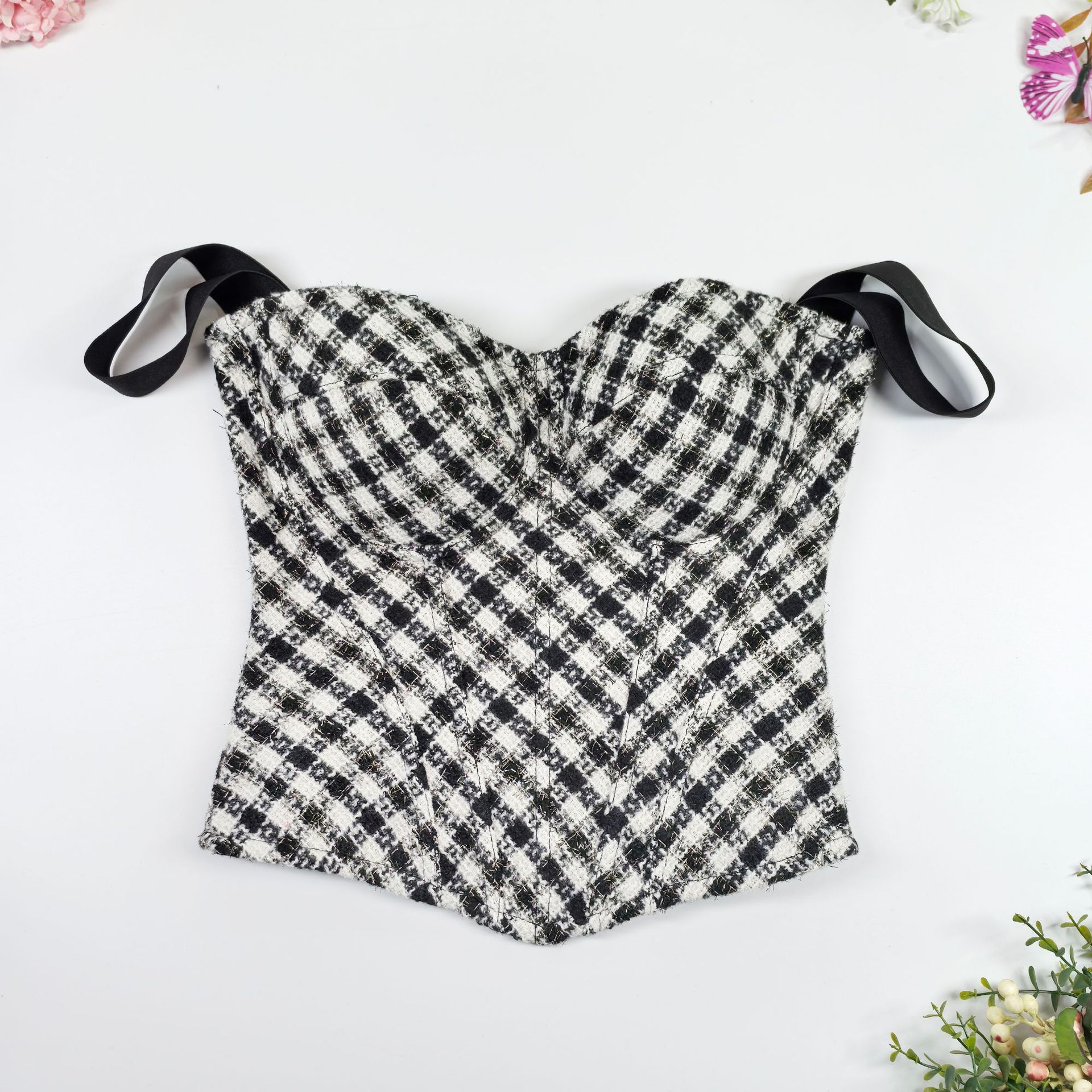 French Design Niche Wide Shoulder Strap Strapless Beautiful Back Zipper Strap Houndstooth Body-Shaping Fishbone Top Outer Wear