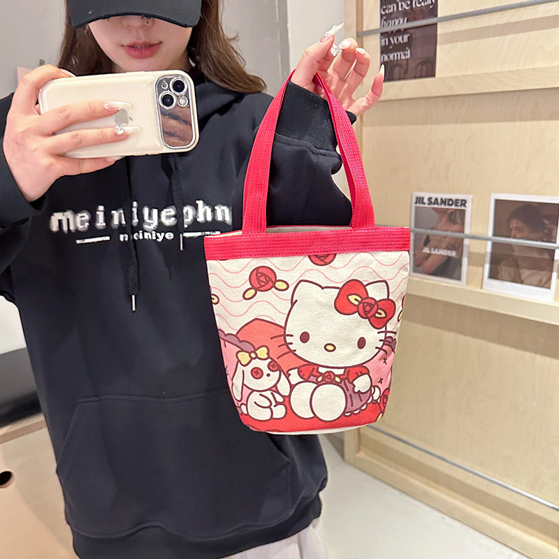 Bucket portable Korean style girl heart mummy lunch bag work small handbag children's graffiti canvas bag cute illustration