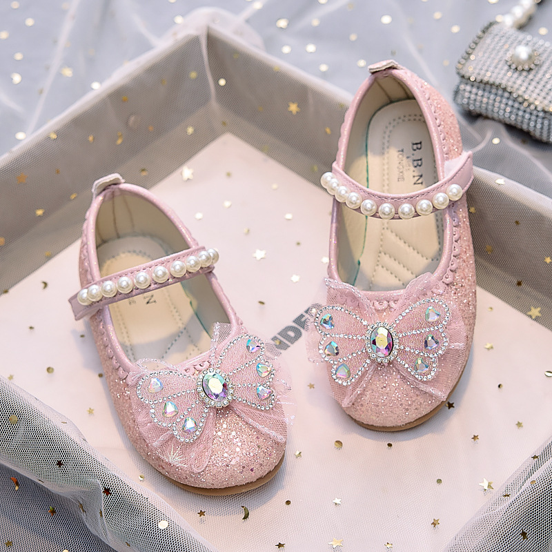 Girls Elsa Princess Shoes 2025 New Korean Style Bow Little Girl Soft Sole Shoes Pearl Crystal Leather Shoes