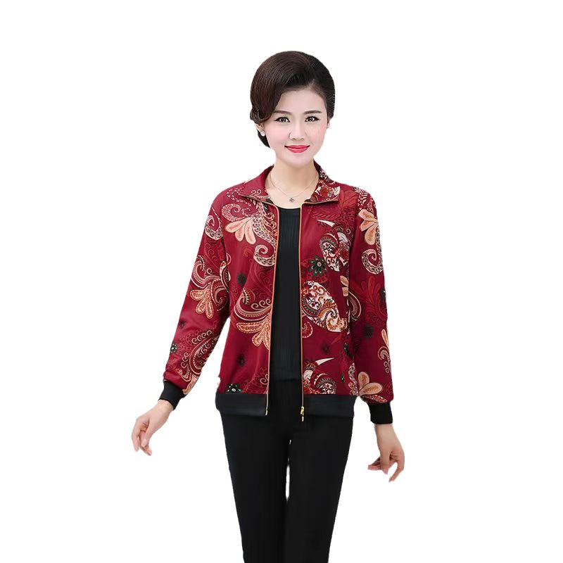 Autumn Wholesale Popular Women's Jackets for Middle-Aged and Elderly, Floral Pattern, Fleece-Lined, Large Size, Zip-Up Tops, Mom-Style Outerwear