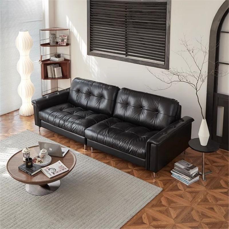 Italian Normcore Nebula Leather Sofa Straight Row Mid-Century Style Living Room Small Apartment First Layer Cowhide Black Sofa Combination