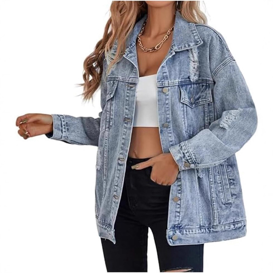 Cross-Border Temu Amazon Women's New Oversized Denim Jacket Boyfriend Ripped Denim Jacket Jacket Nk376