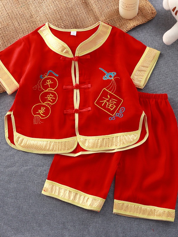 2025 Chinese Style Boy Dragon's Prayer Tang Suit Artificial Cotton Short-Sleeved Suit Double Unicorn Boy Tang Suit Performance