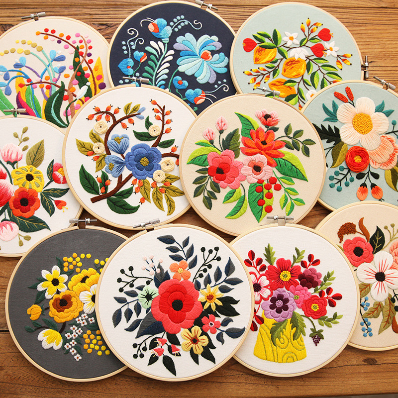 Flowers and plants embroidery hanging painting hand embroidery diy material bag Lu embroidery cross-border Amazon English needle and thread suit