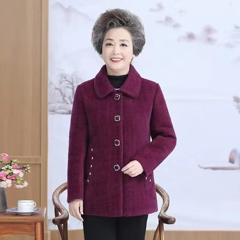 Mother's Woolen Coat for Middle-Aged and Elderly Women, Autumn and Winter Faux Mink Velvet Top for Seniors, Grandma's Thickened Warm Coat