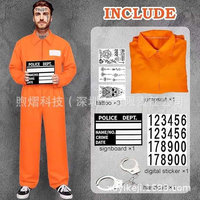 Cross Border Halloween cosplay Adult Prisoner Costume Jumpsuit Prisoner Costume suit Playing Costume Prison Uniform