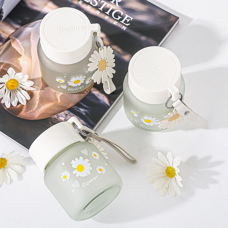 Little Daisy Glass Cup Cute Portable Water Cup Simple Frosted Handle Cup Large Capacity Cup for Home Use Cross-Border Hot Selling