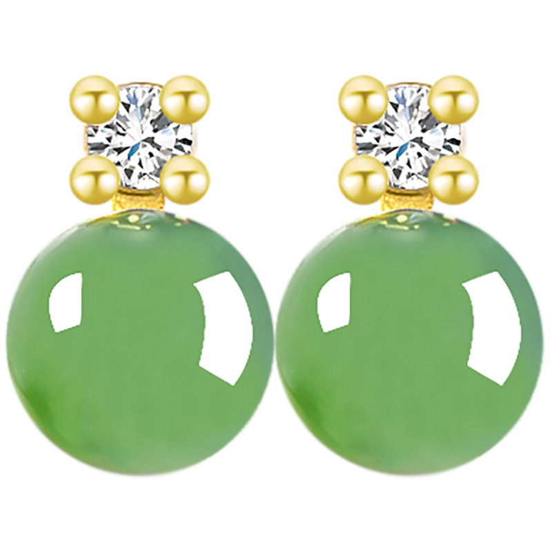 Spinach green natural old material Hetian jade jasper 6mm round bead earrings women's genuine goods S925 silver jade earrings