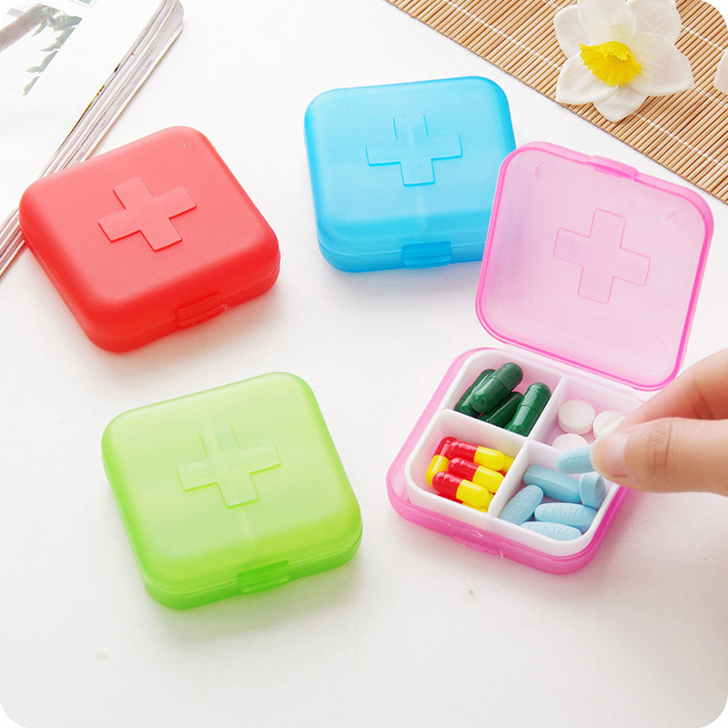 Cross Pill Box 4-Grid Plastic Sub-Pack Small Square Portable Portable Pill Box Small Square Box Wholesale Medicine Box