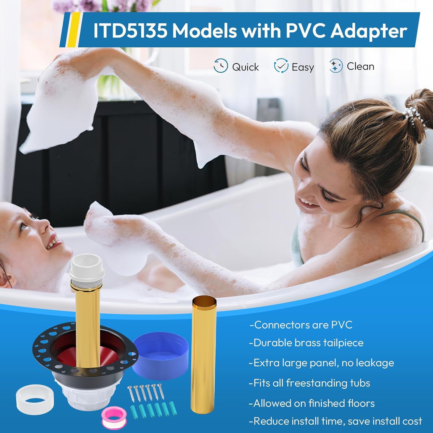 in stock ITD5135 Freestanding Bathtub Drain Coarse Pack Kit, Bathtub Drain Kit