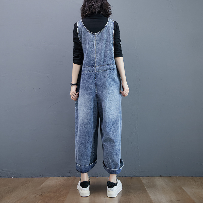 Real Stock Loose Retro Overalls Denim Wide-Leg Pants Denim Overalls Jumpsuit Long Pants