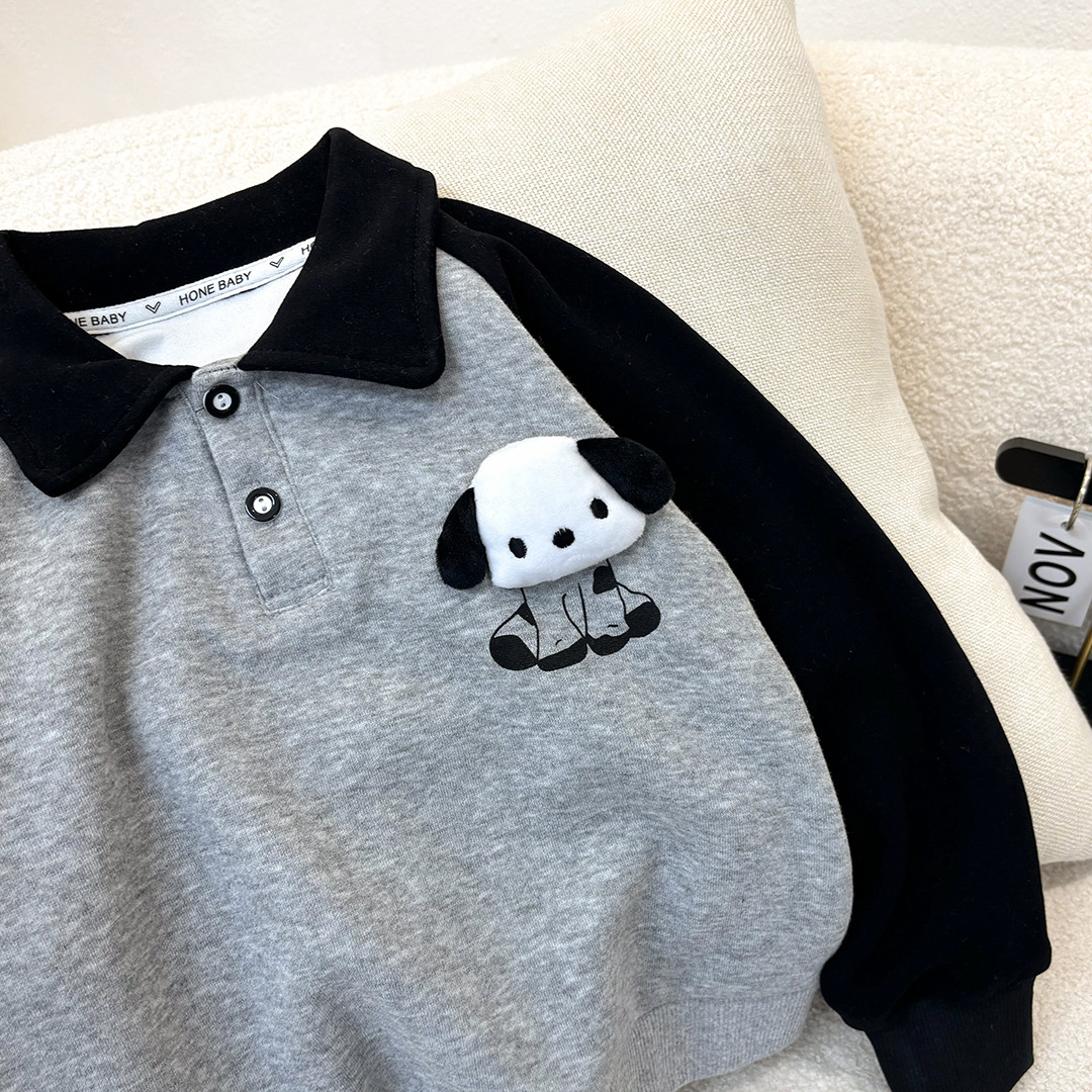 Pre-Sale for 10 Days! Children's Autumn Long-Sleeve Polo Shirt, Cotton Raglan Color-Blocked with Plush Puppy Design, Korean Style Autumn Top
