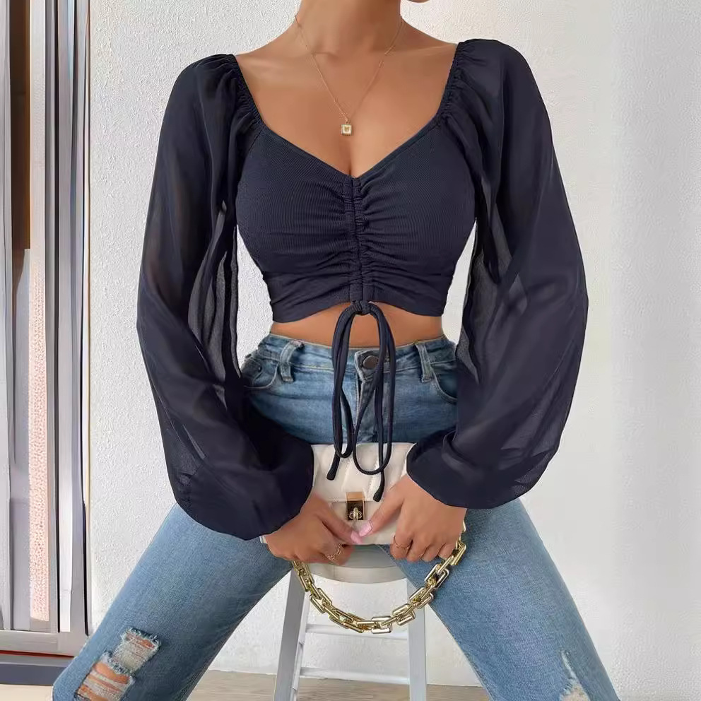 2024 Amazon AliExpress Summer New V-Neck Chiffon Drawstring Lantern Sleeves Tight Fashion Sexy Shirt Top