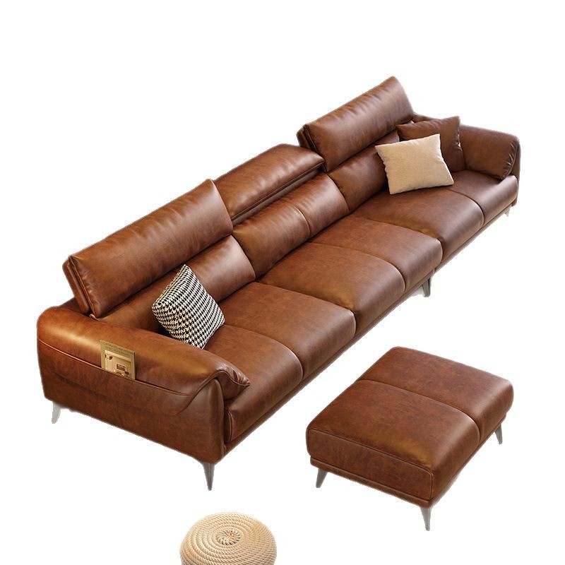 New Italian Minimalist Leather Sofa Living Room Modern Simple Light Luxury Top Layer Cowhide Straight Row Sofa Oil Wax Leather