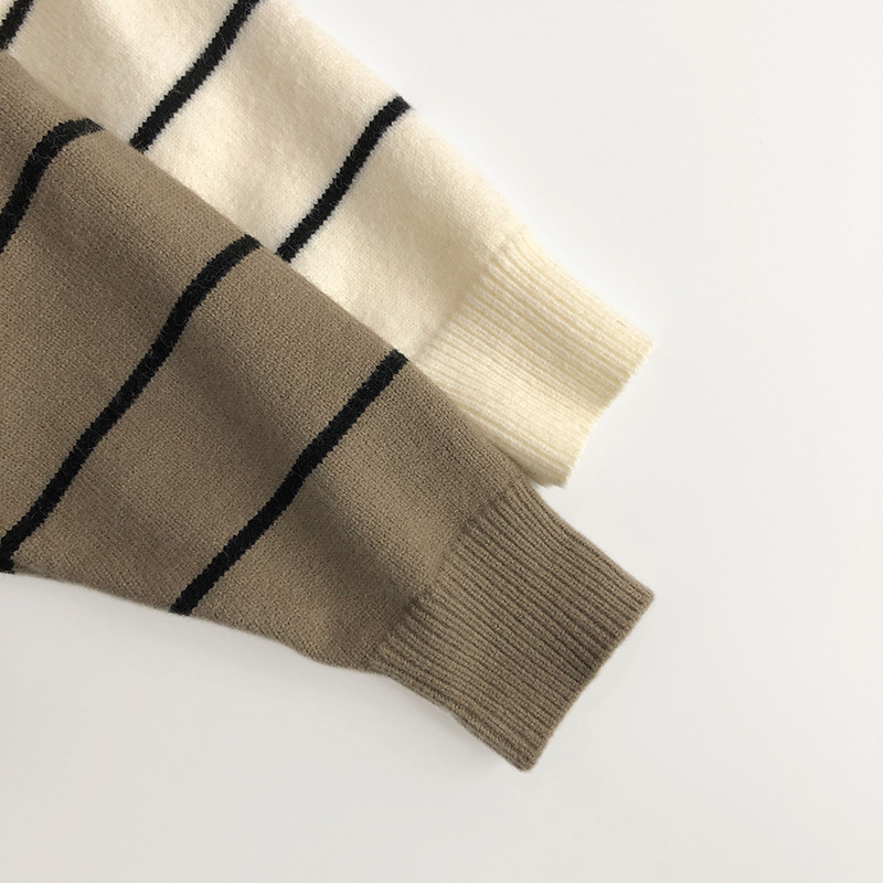 Net Red large lapel V-shaped ~ Korean autumn and winter children's sweater Western style men's and women's baby wool striped knitted bottoming shirt