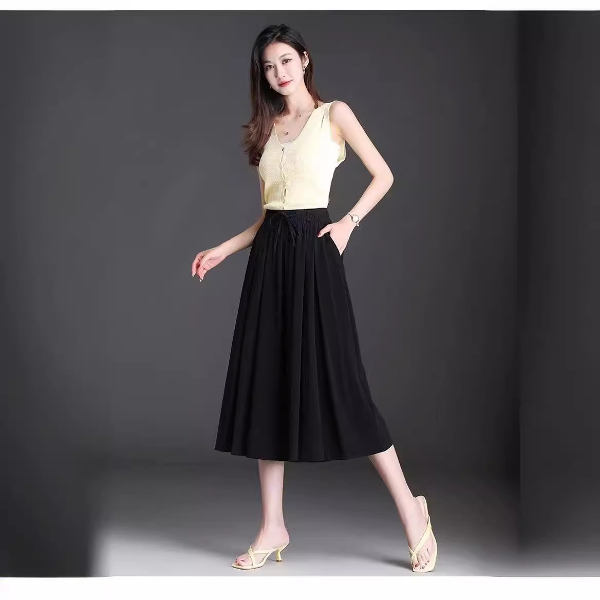 Ice Silk wide-leg pants high waist draping culottes summer thin women's pants new middle-aged cropped casual big-leg pants