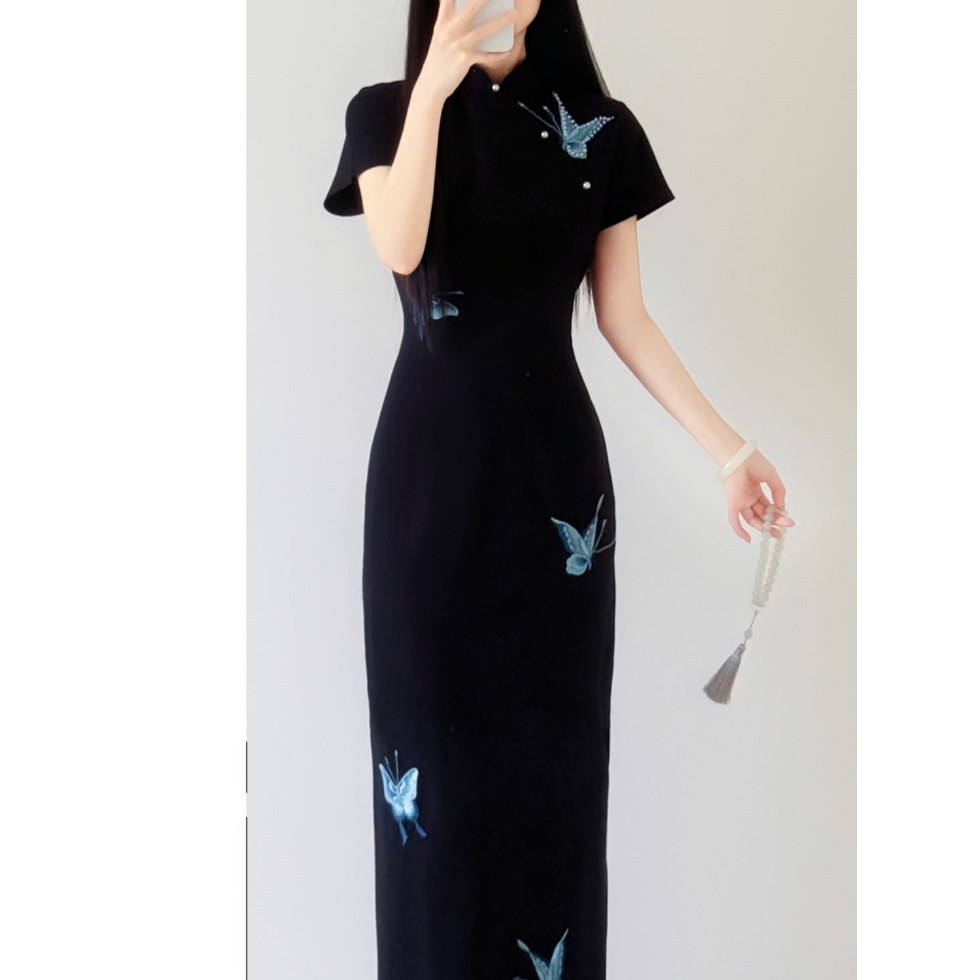 [Moss butterfly sleep 2.0] butterfly improved cheongsam embroidery girl temperament slim slim everyday black dress
