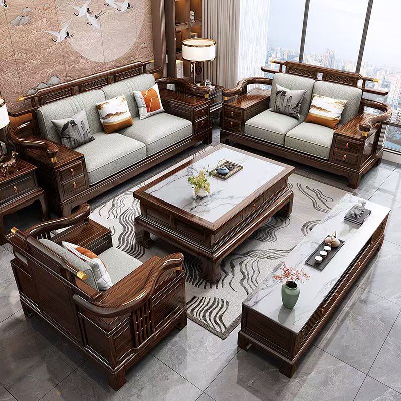 New Chinese Style Ebony Solid Wood Sofa Combination Villa Living Room Modern High-End Winter and Summer Dual-Use Large Storage Furniture