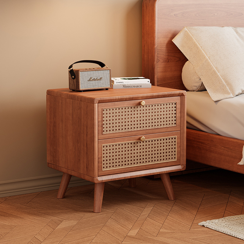 New Chinese Style All Solid Wood Bedside Table Rattan Log Walnut Simple Double Drawer Home Bedroom Bedside Storage Locker