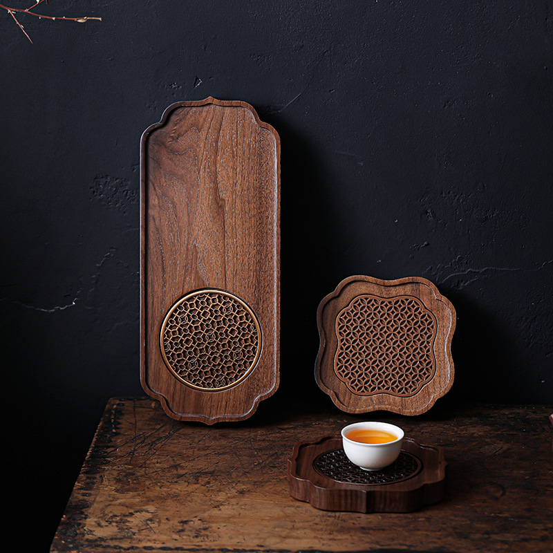 Black Walnut Wooden Tea Tray Household Small Solid Wood Tea Tray Pot Cushion High-end New Chinese-style Tea Set Pot Bearing Dry Brew Table