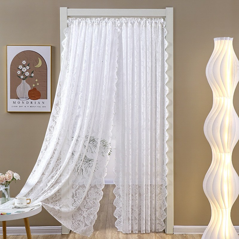 Trendy French Lace Sheer Door Curtain Half Curtain No-Installation Telescopic Rod Mosquito-Proof Partition Curtain with Lace Design