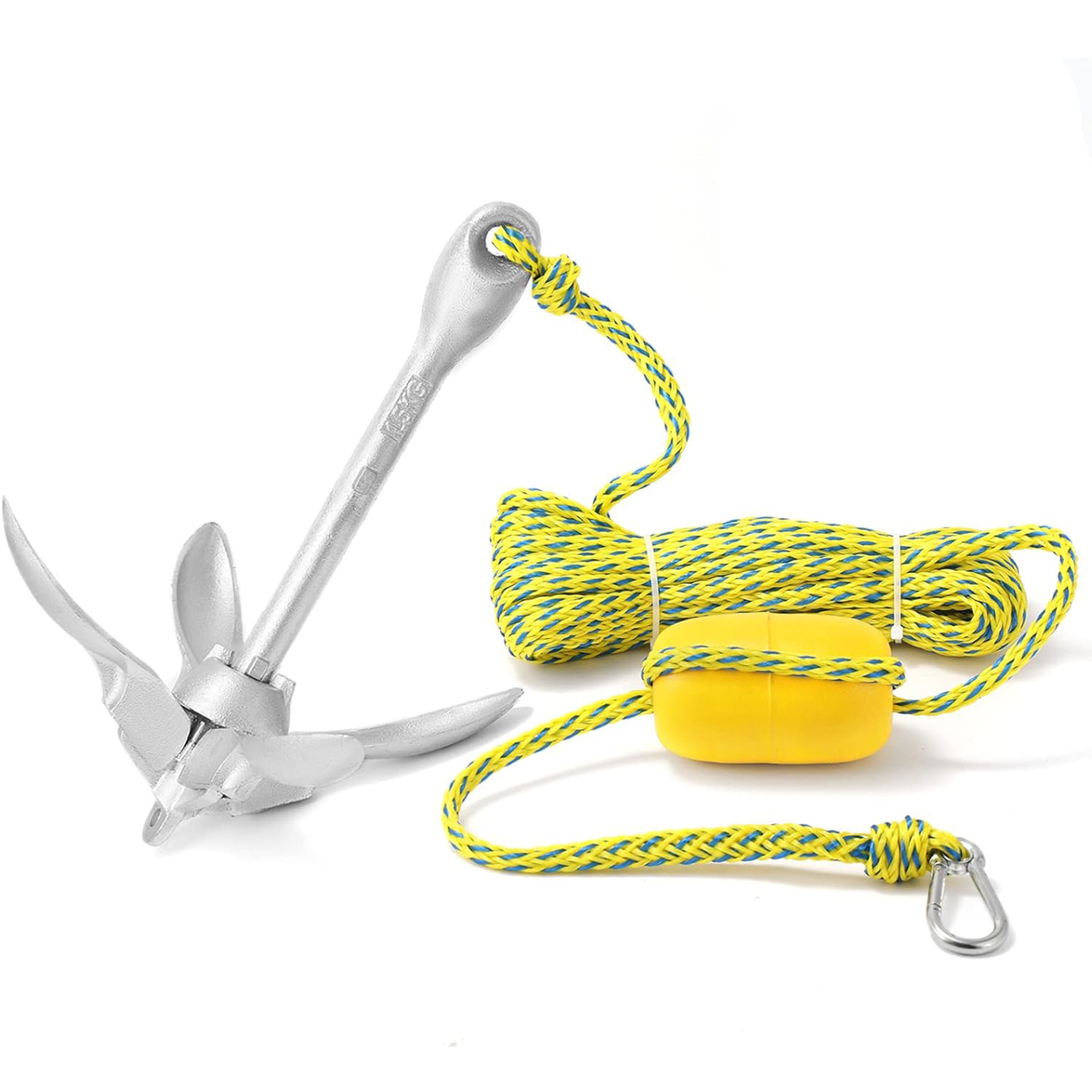 Factory Direct Sales Marine Folding Galvanized Anchor Set Yellow and Blue Braided Rope with Buoy Can Be Customized Specifications