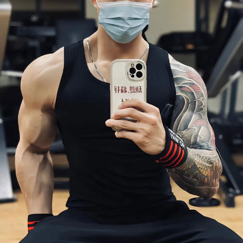 Summer New Ice Silk Vest Coarse Thread Fitness Elastic Sports Slim I-Shaped Sweat-Absorbent Muscle-Showing Base Trend