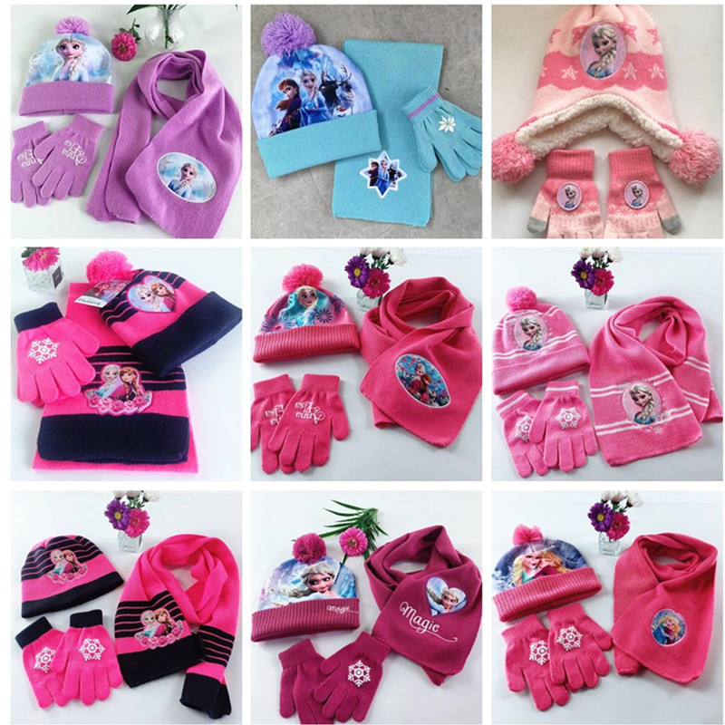 Вязаная шапка и шарф, трёхпредметный набор, зимний, для девочек, мультяшный.