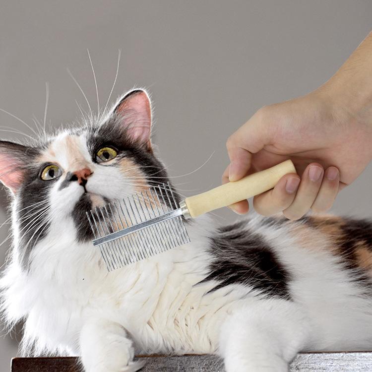 Cross-Border Wholesale Pet Cat Comb Wooden Handle Single Row Comb Double Row Comb High and Low Tooth Comb Cat Combing and Smoothing Hair