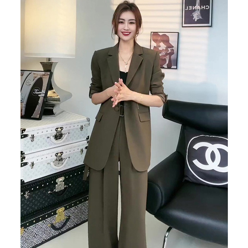 2623 осенний костюм для женщин плюс сайз, для работы, пиджак для полных девушек, широкие брюки, двухкомпонентный костюм