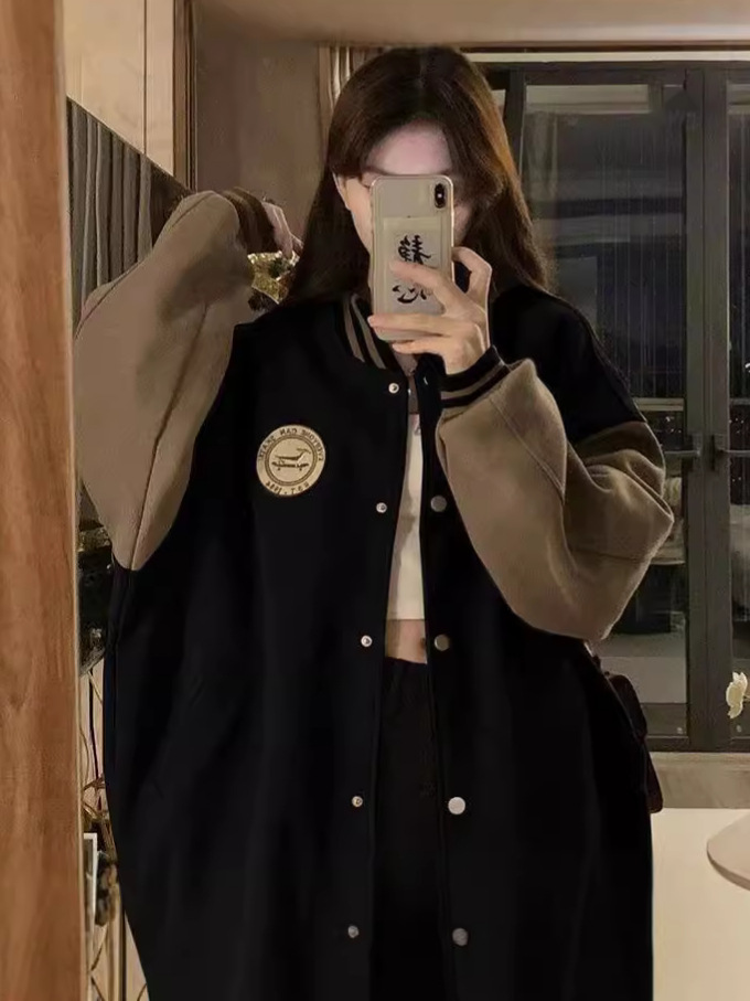 Cross-Border Lazy Style Baseball Jacket Women's Autumn and Winter Velvet Thickeneded Retro Loose Casual Cardigan Sweatshirt Ins Trend