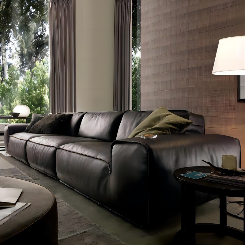 Italian Minimalist Black Cowhide Leather Sofa for Living Room, Black High-End Straight-Row First-Layer Cowhide Leather Art Sofa Set