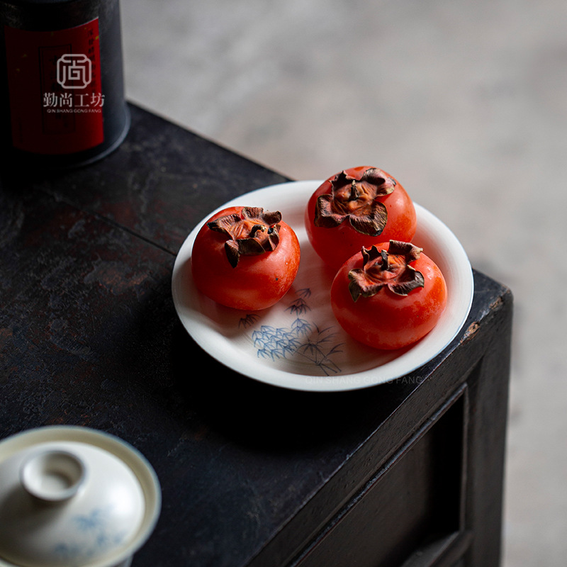 Miji style pink hand-painted blue bamboo Qinghuan pot bearing ceramic cover Bowl bottom tray tea ceremony accessories household fruit tray tea tray