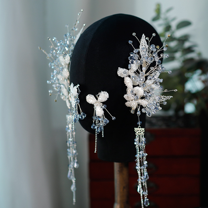 Fashion New High-grade Blue Grey Gold Silk Petal Zircon Crystal Tassel Bridal Hair Accessories Earrings Bridal Dress Accessories