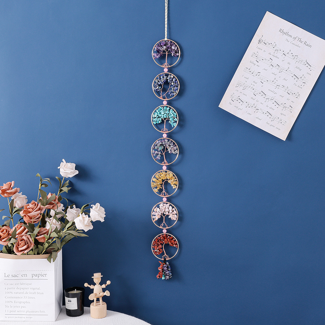 Seven-Wheel Crystal Gravel Tree of Life Pendant, Seven-Colorful Decoration, Hand-Woven Pendant, Living Room Wall Decoration, Free