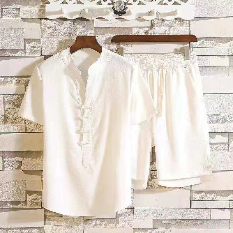 Plus-Size Chinese-Style Linen Suit for Men, Summer Short-Sleeve Cotton and Linen Retro Tang Suit